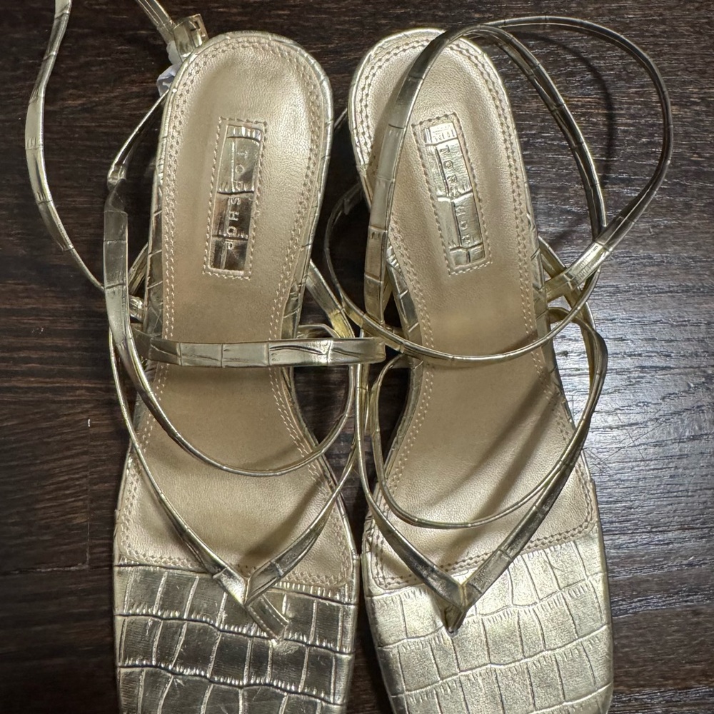 Topshop Women’s Gold Low Heel Stiletto Strappy Sandals Heels-US Size 6